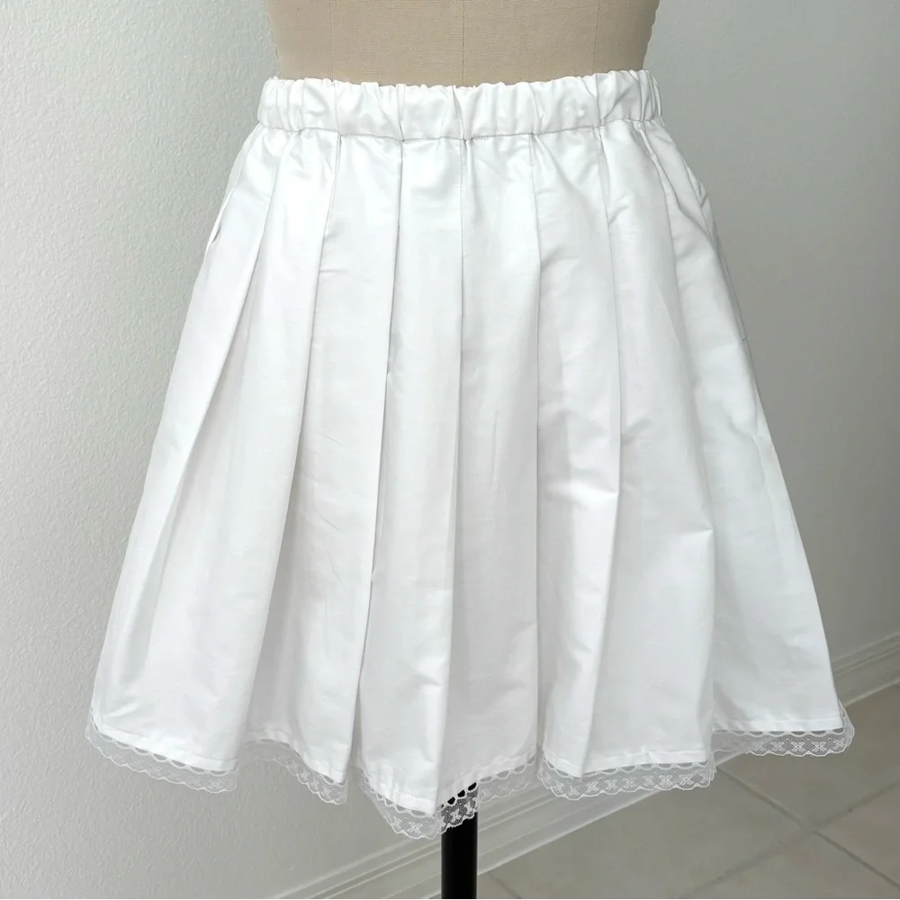 J.Crew Pleated Mini Skirt NWT White Cotton Pleated Elastic Waist Lace Trim L